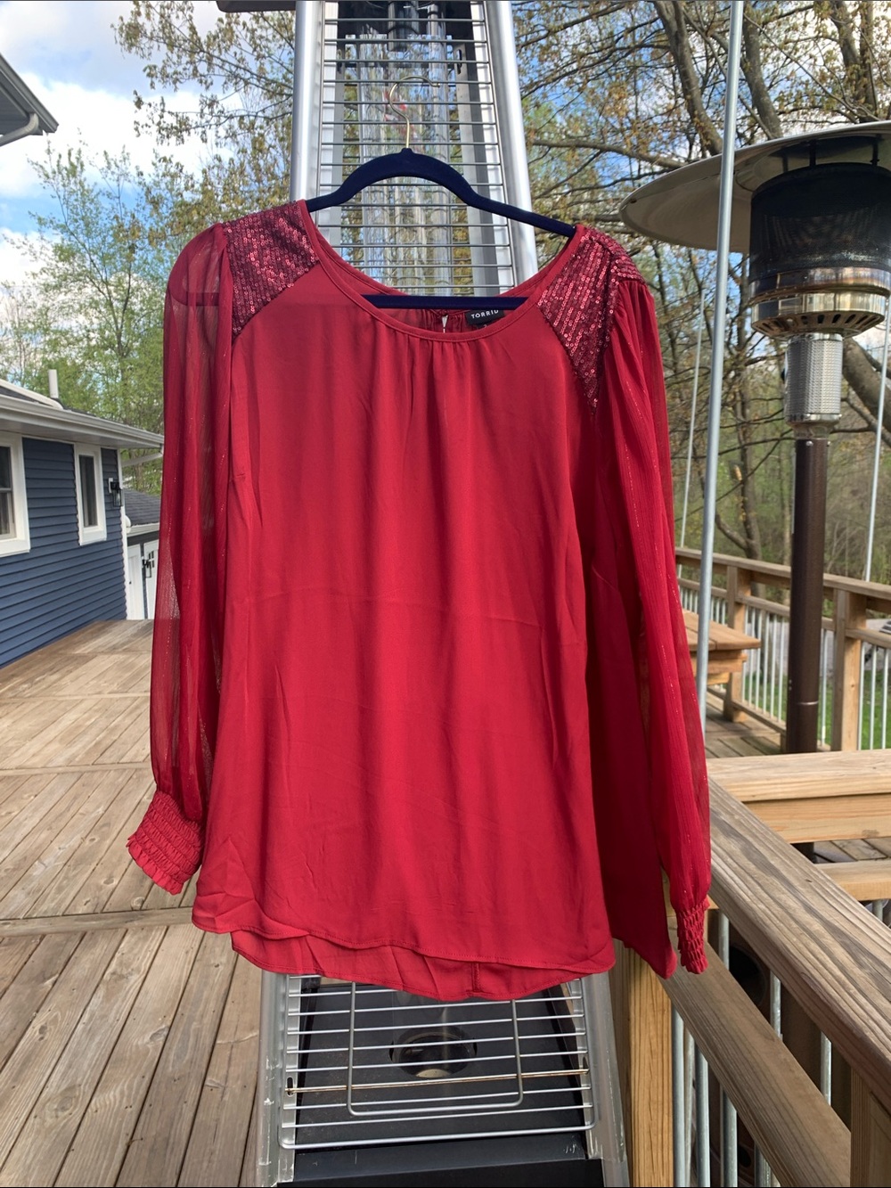 torrid Red Sheer-Sleeve Blouse with Sequin-Embellished Shoulders